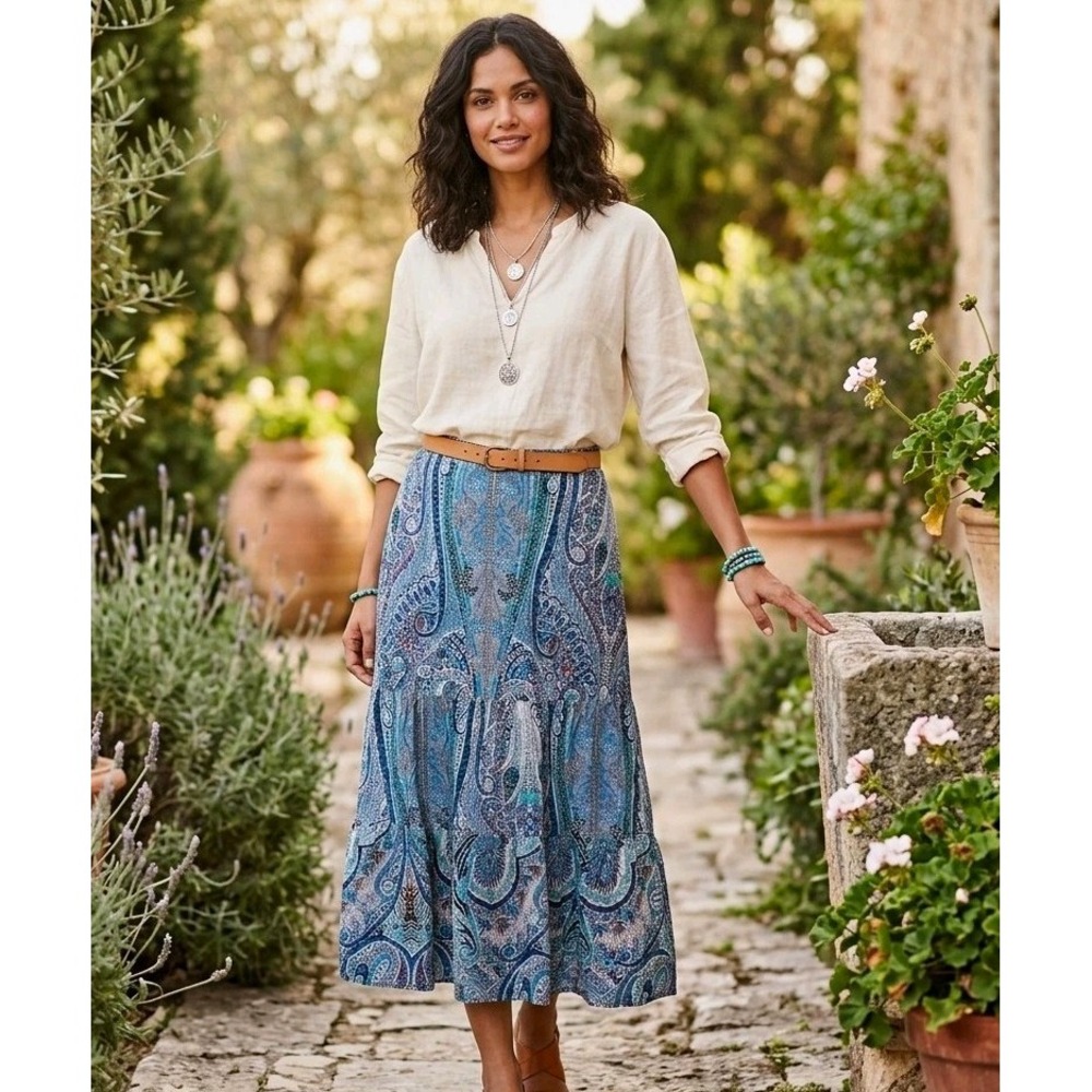 Philosophy Women's Blue Paisley Midi Skirt Small Boho Tiered Ruffle Flowy Travel